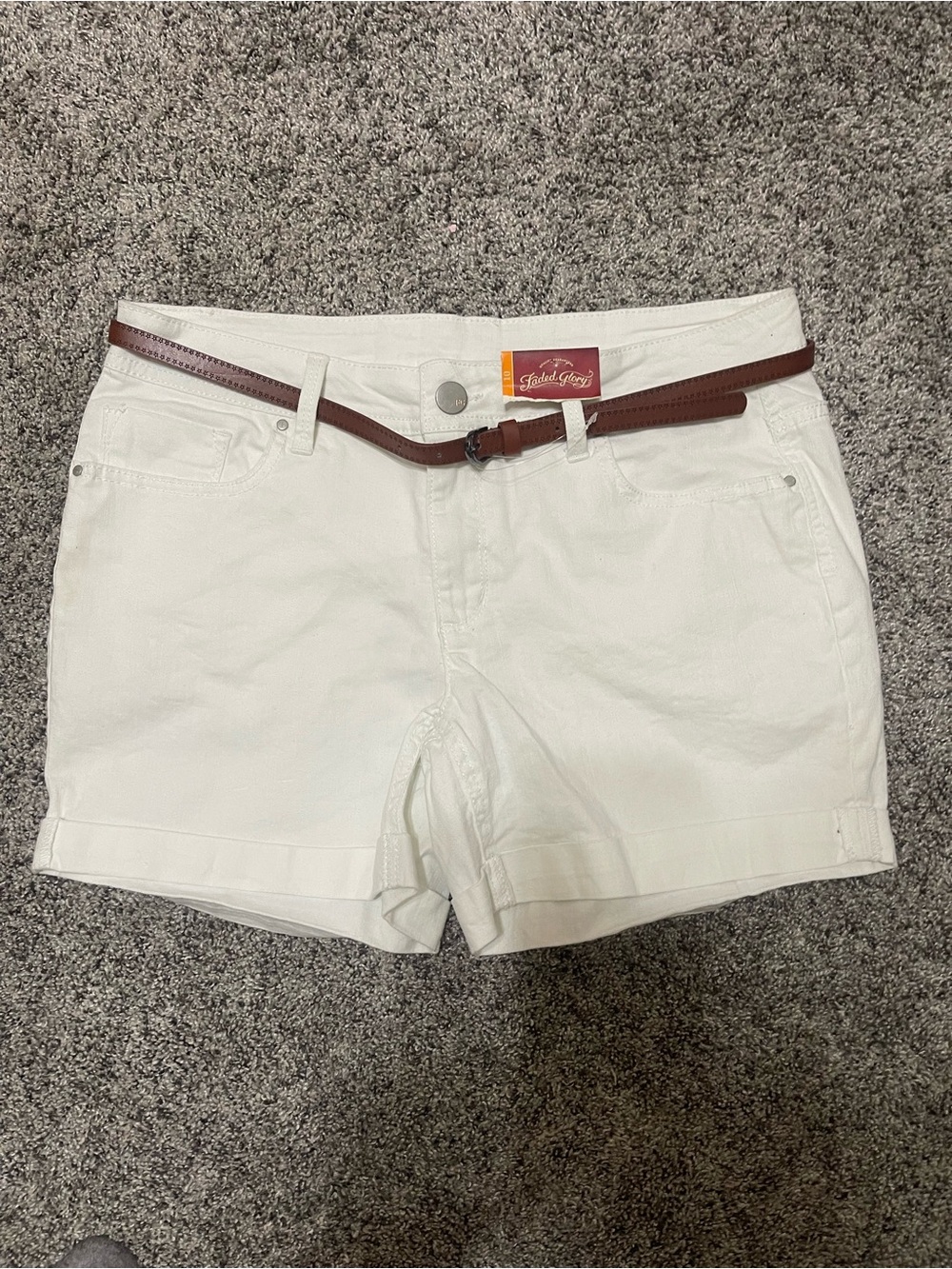 Faded Glory White Denim Shorts with Brown Belt